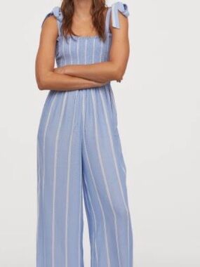 H&M Women's Blue Striped Smocked Bodice Wide Leg Jumpsuit Romper 10